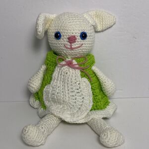 Handmade White Bunny Green Dress Button Eyes Pink Nose Mouth Bow